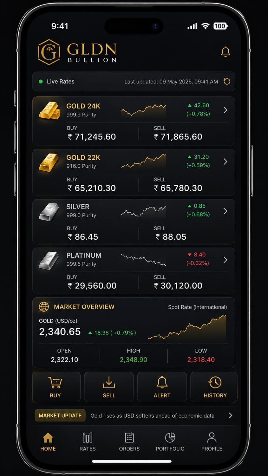Preview of the GLDN Bullion mobile rate interface